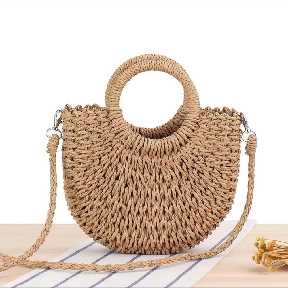EUC Tan straw/rattan bag. Wear as crossbody or carry with handle. Designer qual